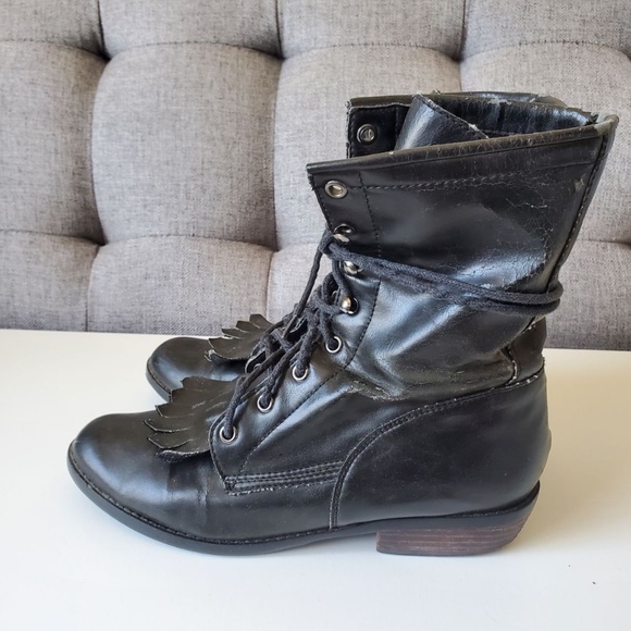 Steve Madden Women's Vegan Faux Leather Fringe Combat Boots Black - Picture 2 of 16